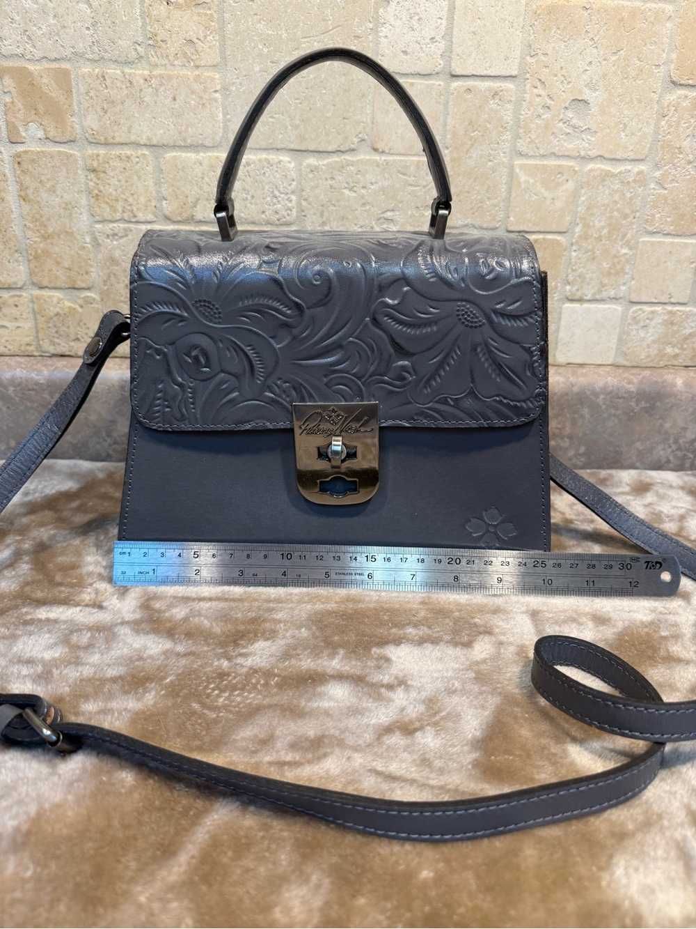 Patricia Nash Charcoal Floral Embossed Top-Handle Satchel
